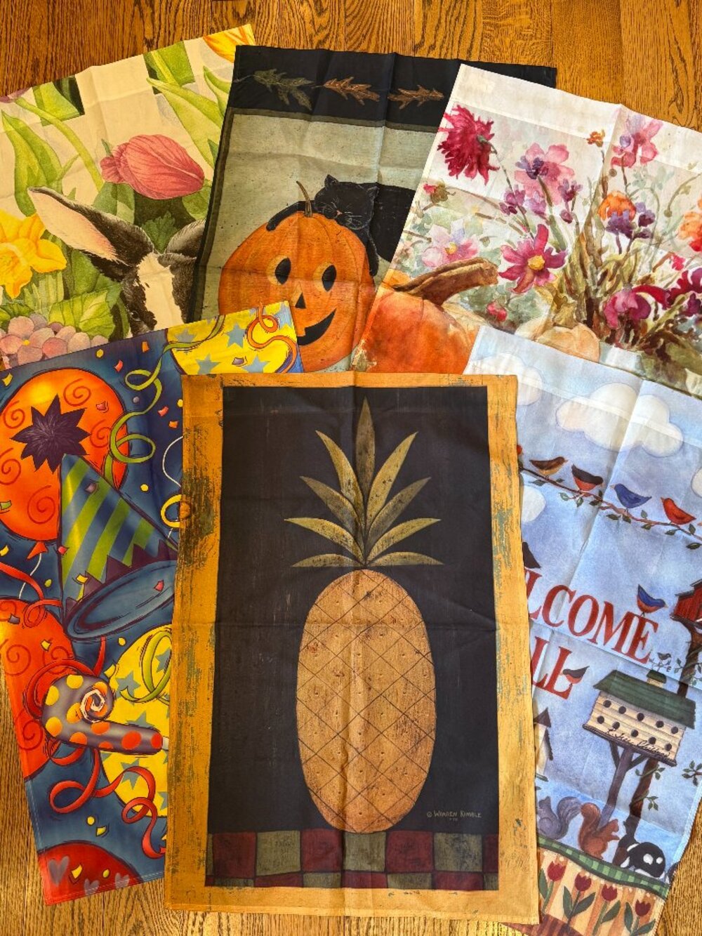 Lot of 6 Decorative House Flags, 23” x 34” Birthday Halloween Welcome Spring etc